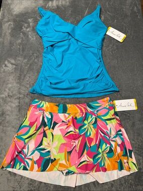 NWTS Anne Cole Teal Tankini Top with Multicolor Tropical Skirted Bottom Sz M